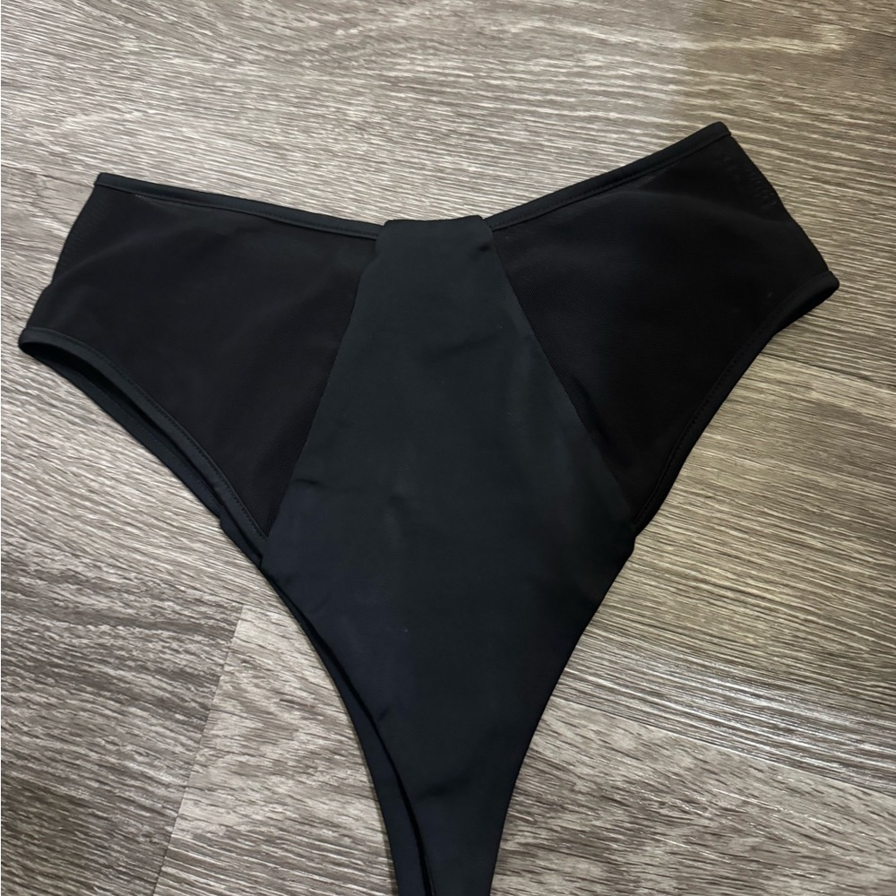 TeenyB Bikini Bottom High Waist Mesh Insert Cheeky Thong in Matte Black L